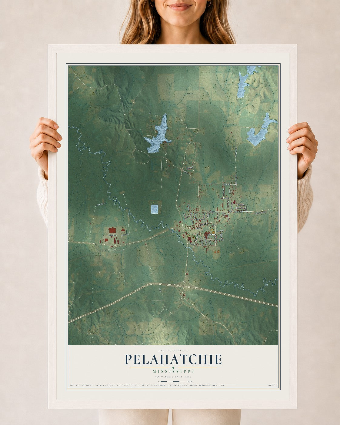 Map of Pelahatchie, Mississippi, 24 x 36 inch print in a white wood frame