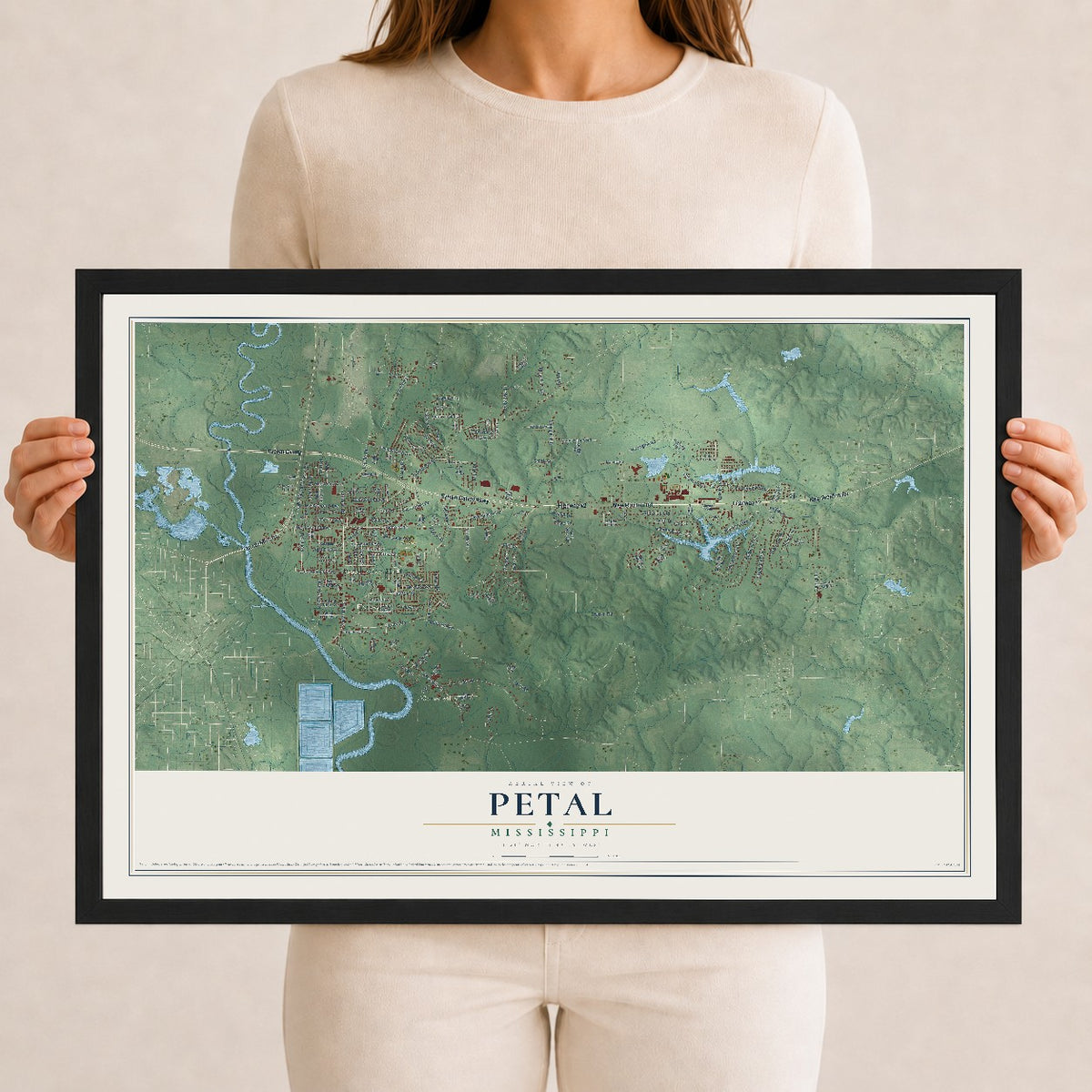 Map of Petal, Mississippi, 12 x 18 inch print in a black wood frame