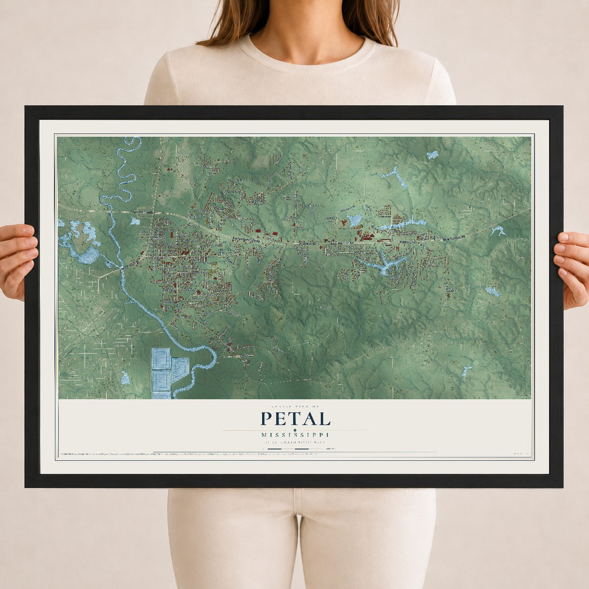 Map of Petal, Mississippi, 18 x 24 inch print in a black wood frame