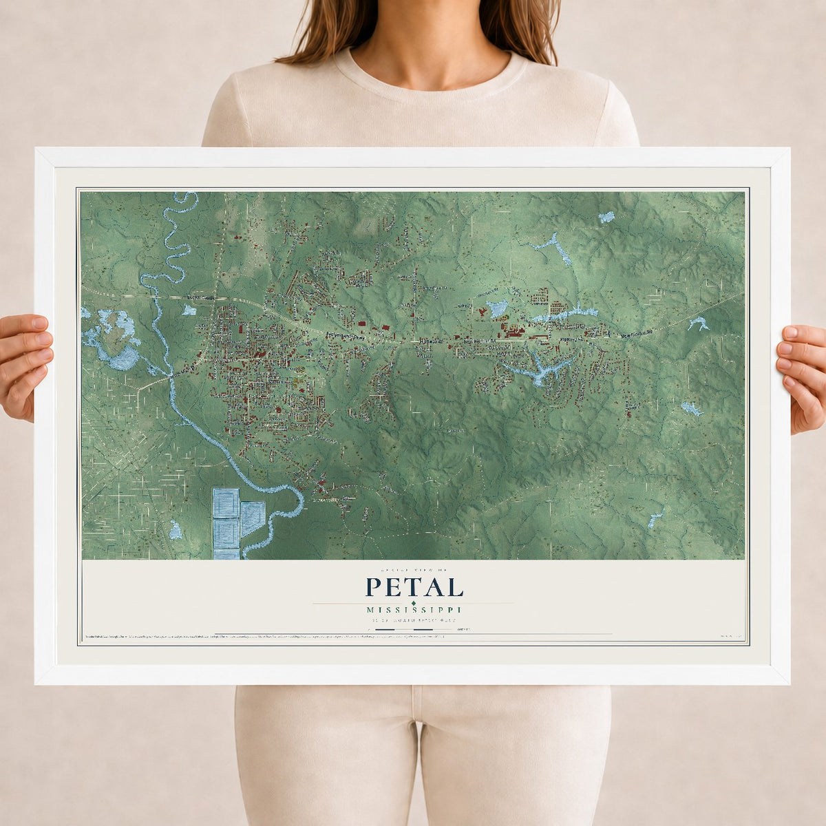 Map of Petal, Mississippi, 18 x 24 inch print in a white wood frame
