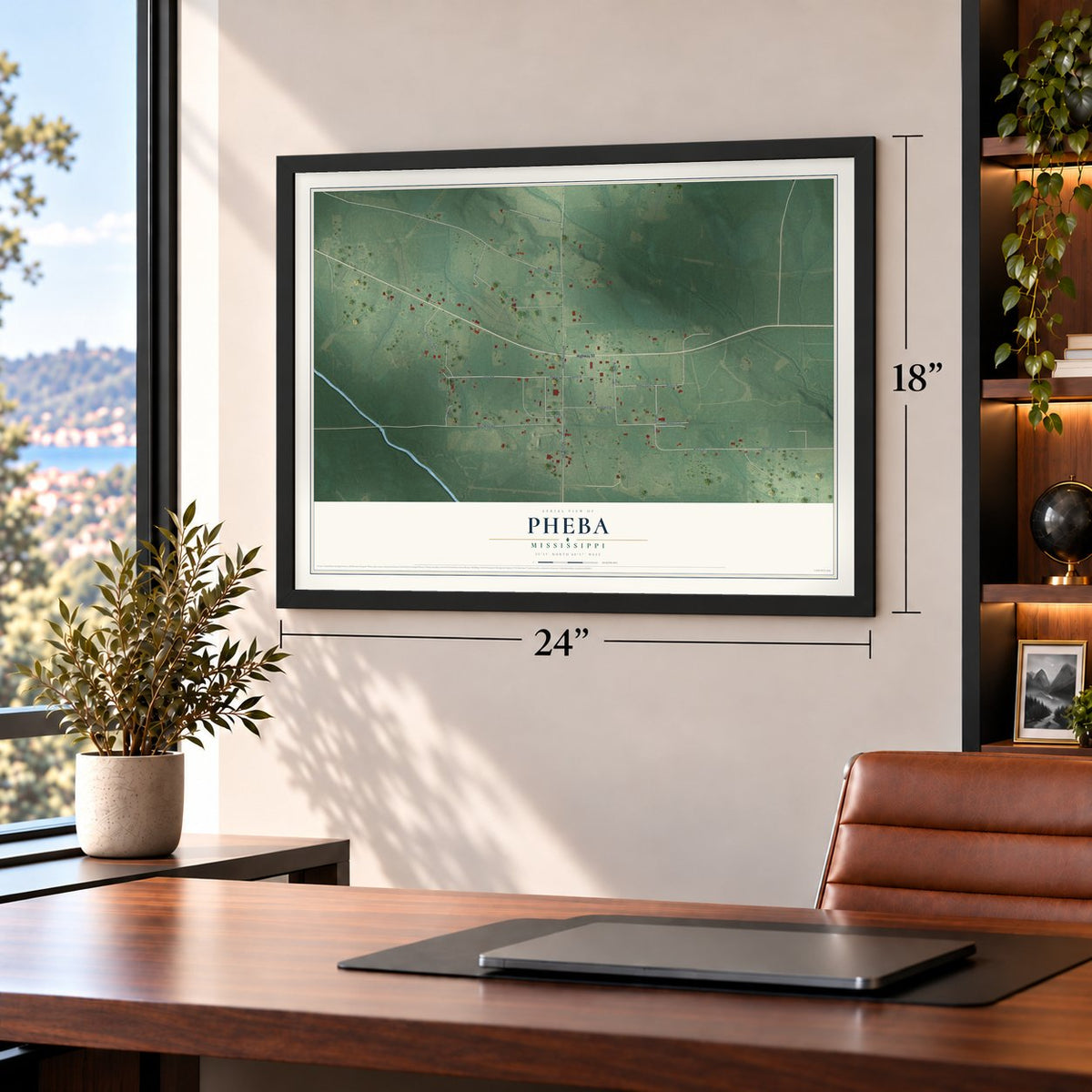 Pheba, Mississippi map, 18 x 24 inch print in a black frame in a home office