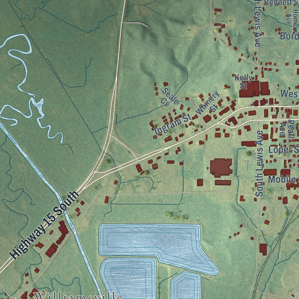 Second close-up of the map of Philadelphia, Mississippi print showing more streets and buildings