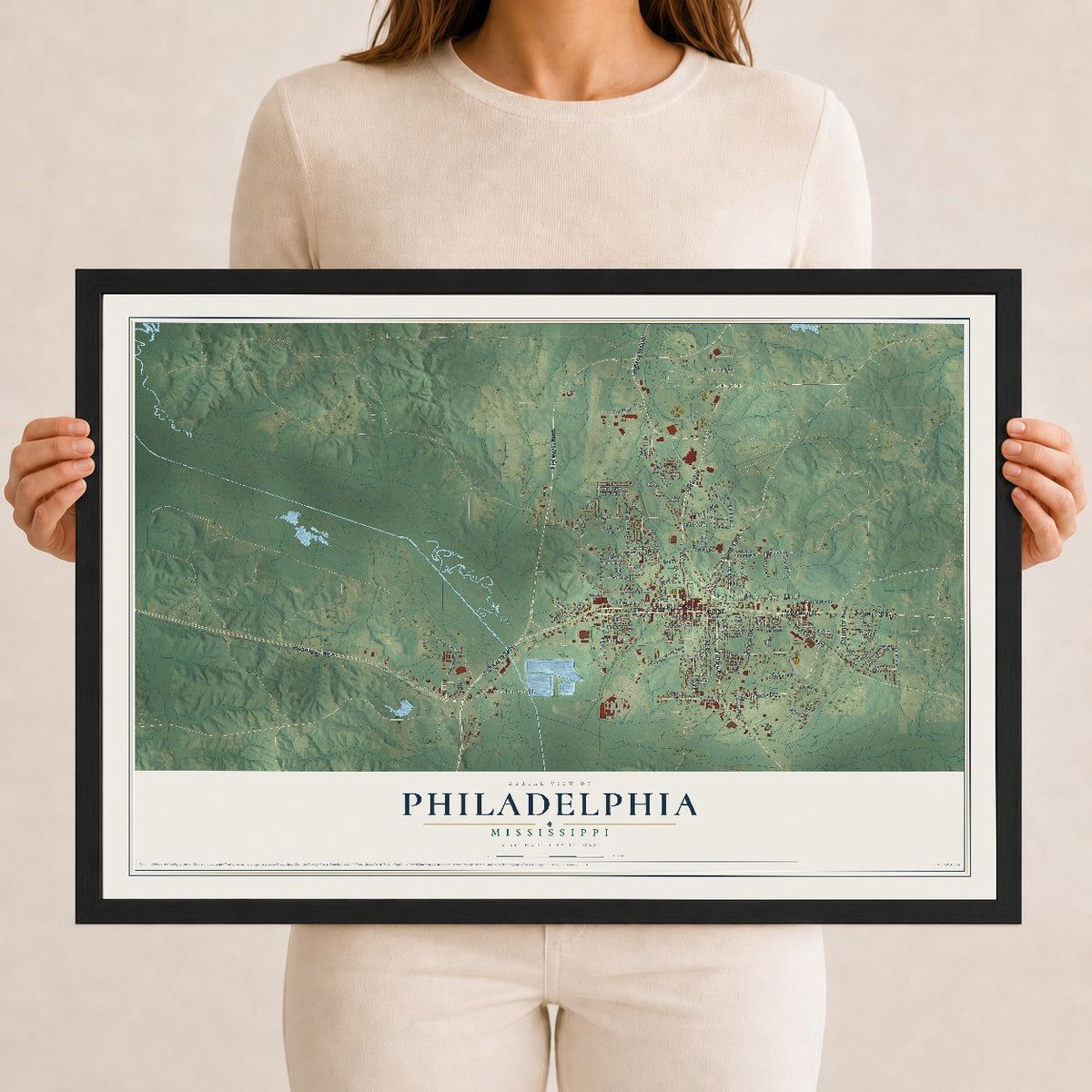 Map of Philadelphia, Mississippi, 12 x 18 inch print in a black wood frame