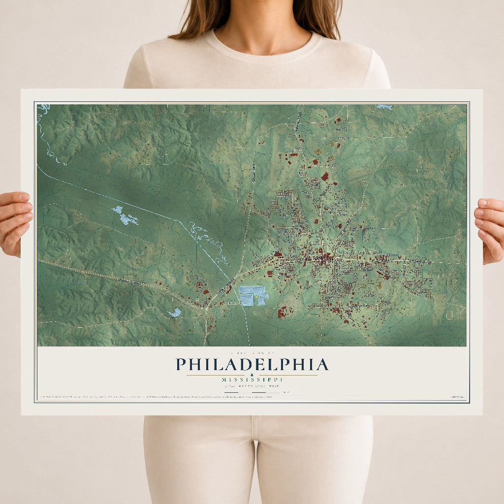 Map of Philadelphia, Mississippi, 18 x 24 inch unframed archival matte print