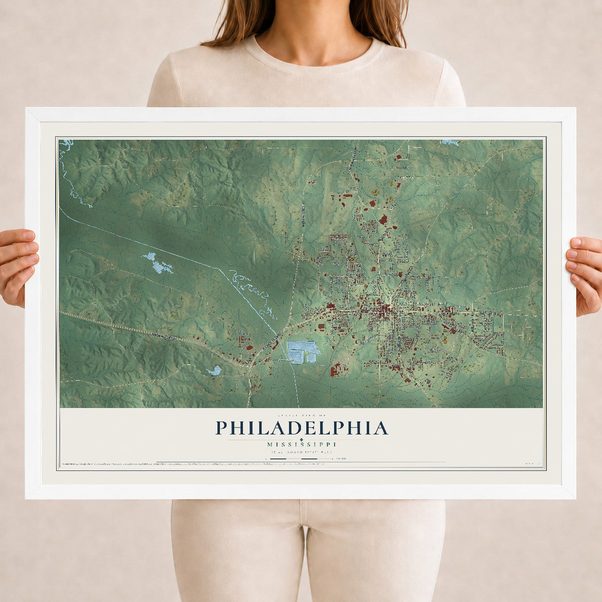 Map of Philadelphia, Mississippi, 18 x 24 inch print in a white wood frame