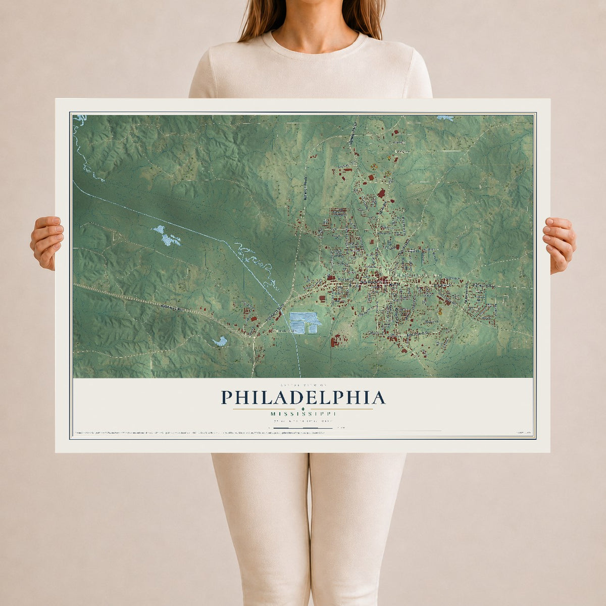 Map of Philadelphia, Mississippi, 24 x 36 inch unframed archival matte print