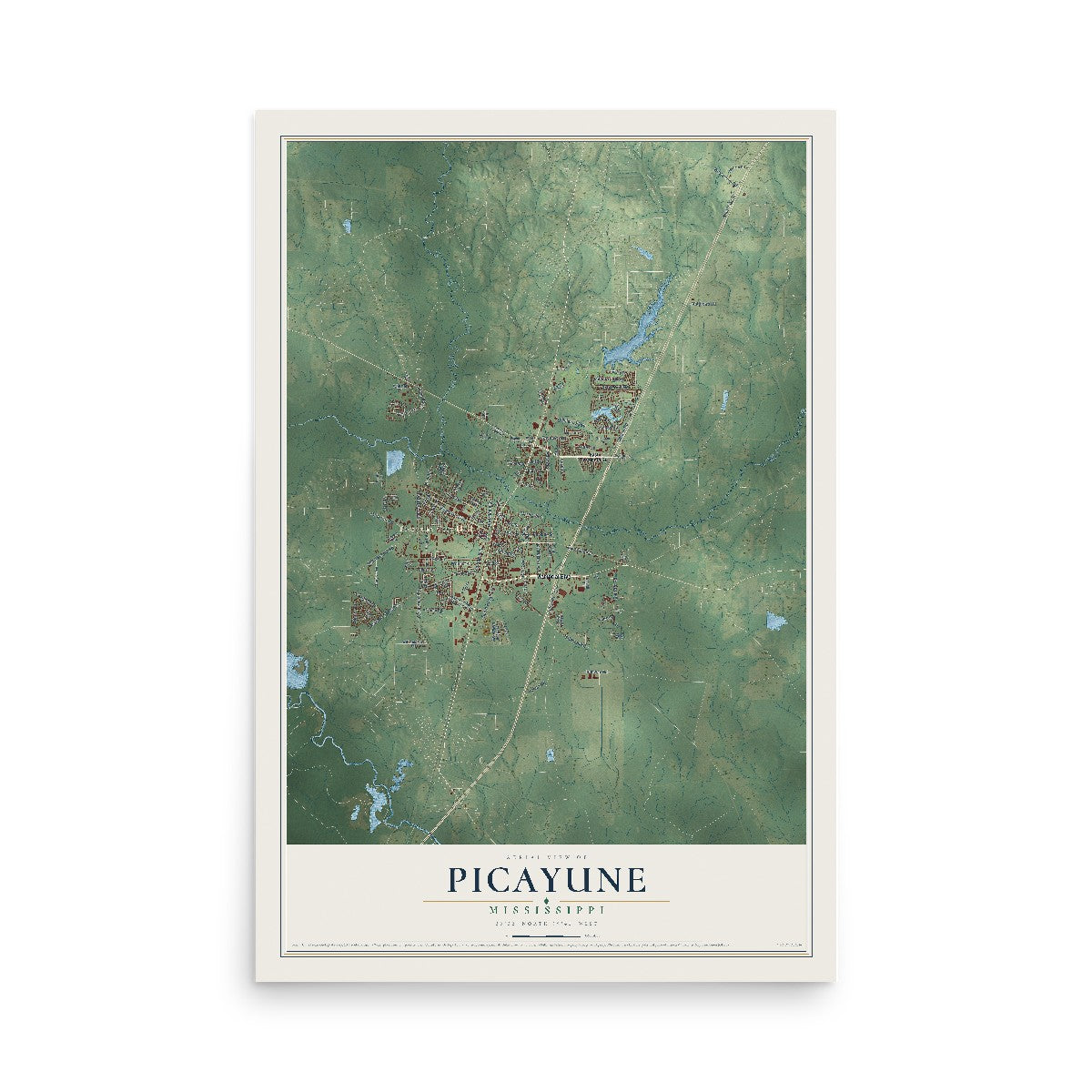 Map of Picayune, Mississippi, 12 x 18 inch unframed archival matte print