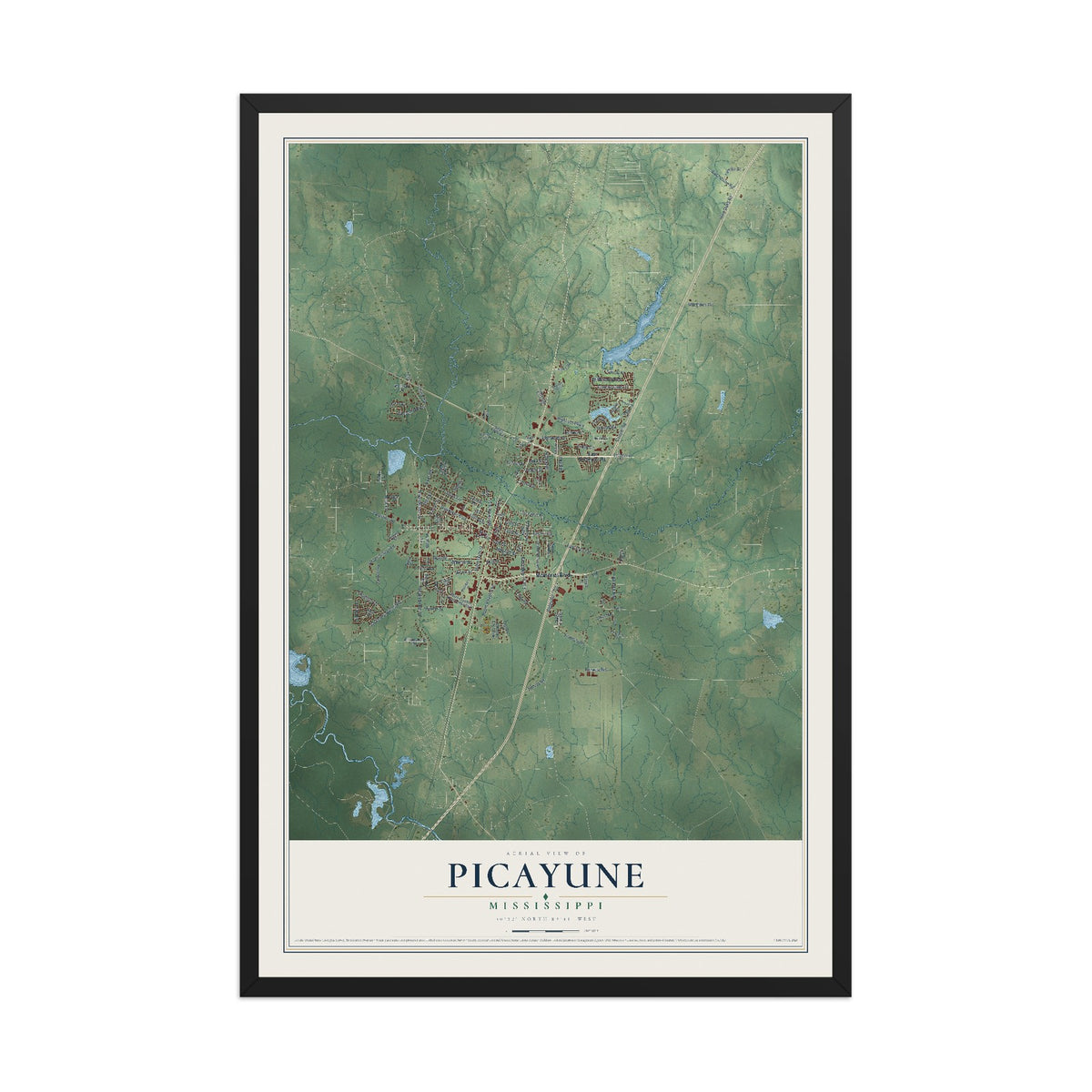 Map of Picayune, Mississippi, 12 x 18 inch print in a black wood frame