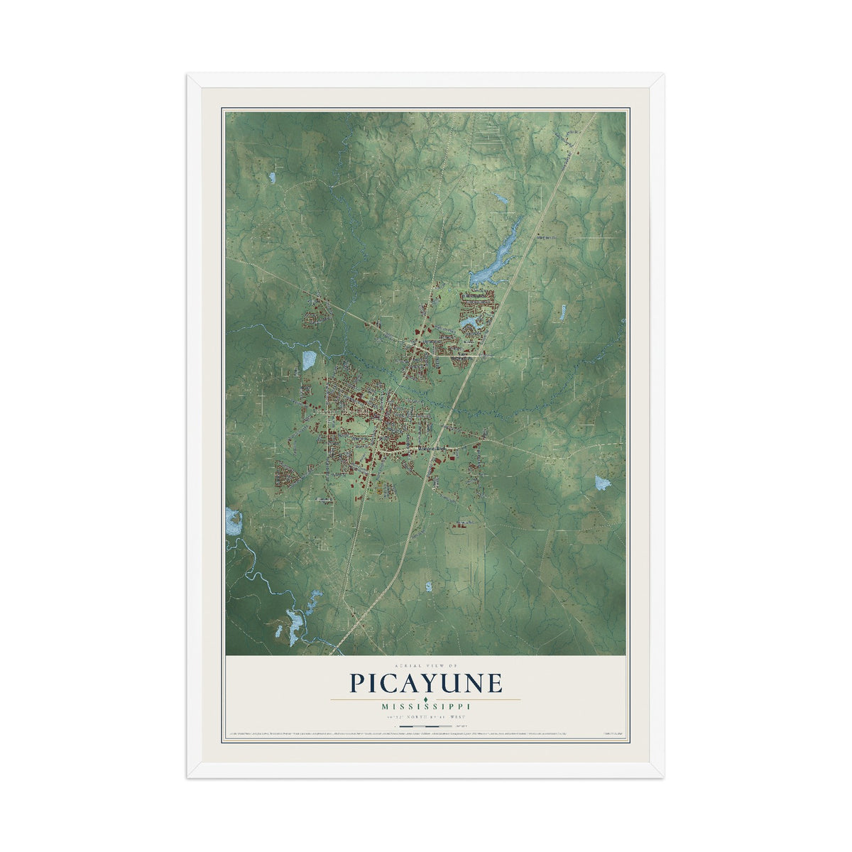 Map of Picayune, Mississippi, 12 x 18 inch print in a white wood frame
