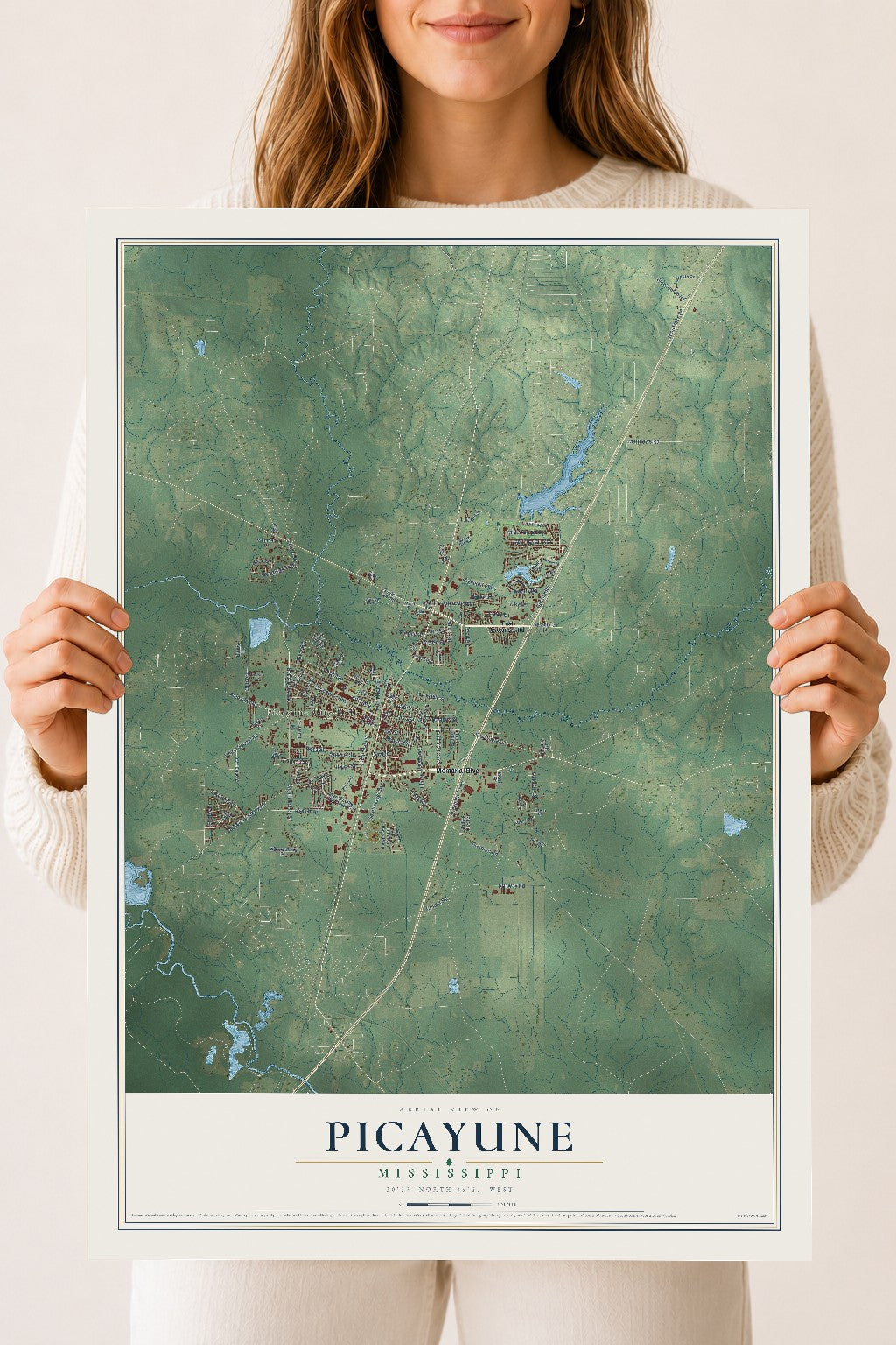 Map of Picayune, Mississippi, 18 x 24 inch unframed archival matte print