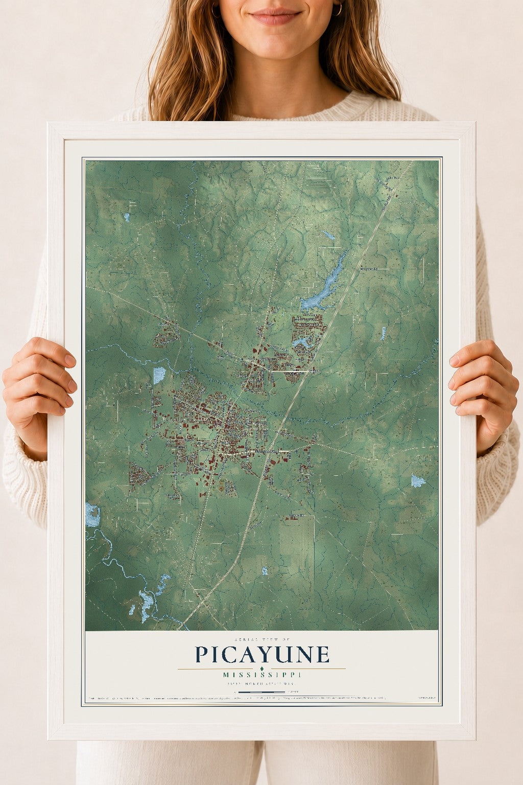 Map of Picayune, Mississippi, 18 x 24 inch print in a white wood frame