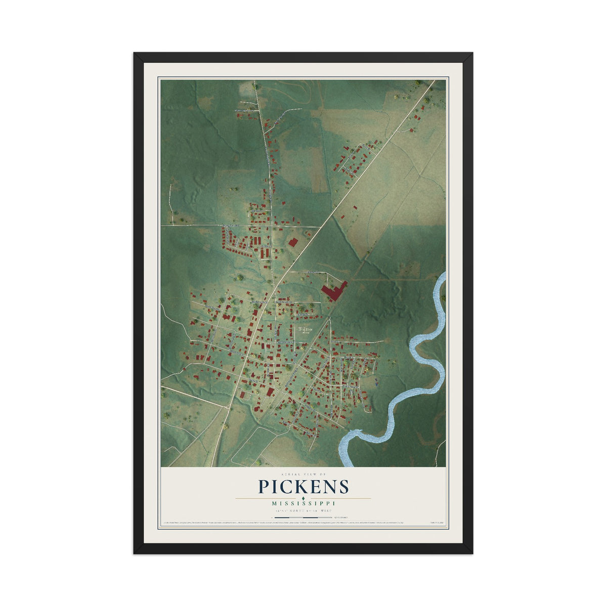 Map of Pickens, Mississippi, 12 x 18 inch print in a black wood frame