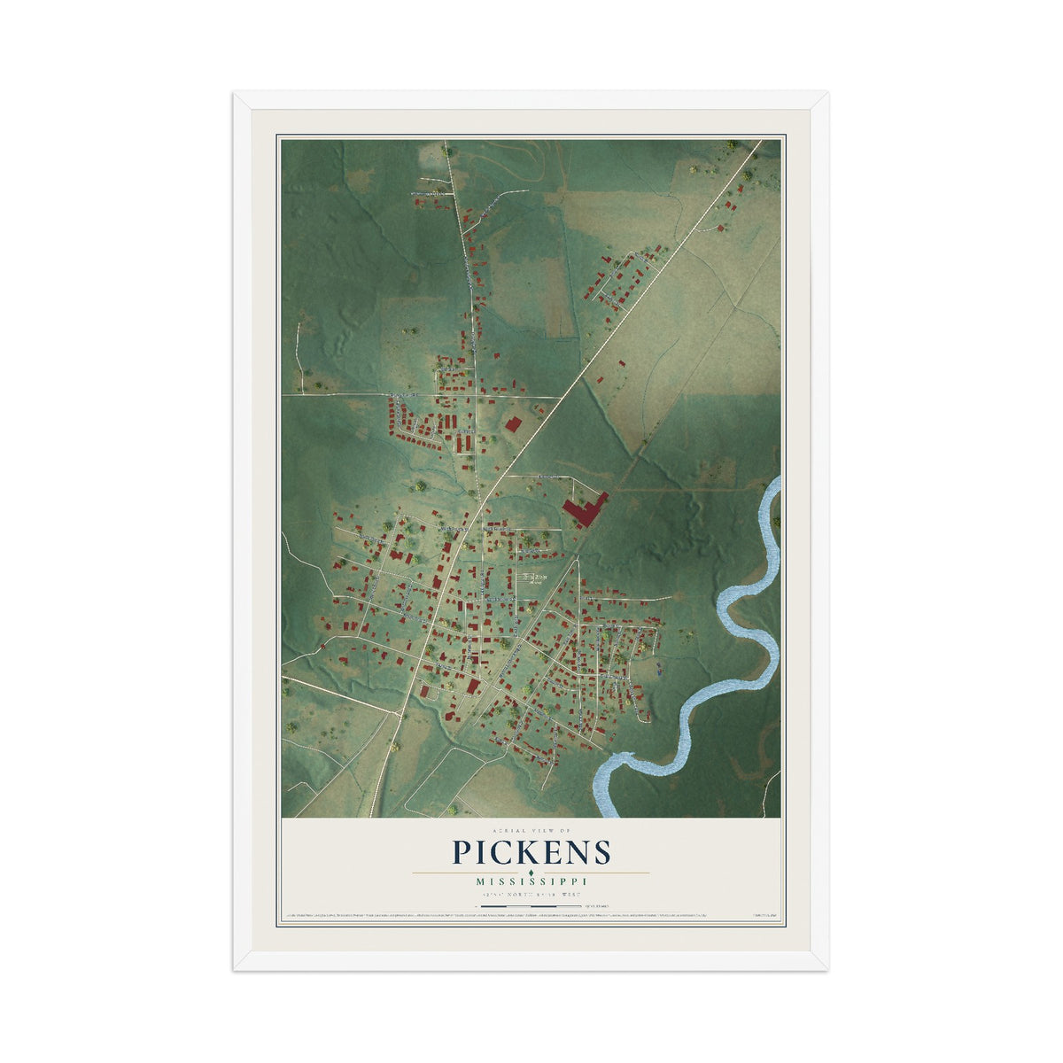 Map of Pickens, Mississippi, 12 x 18 inch print in a white wood frame
