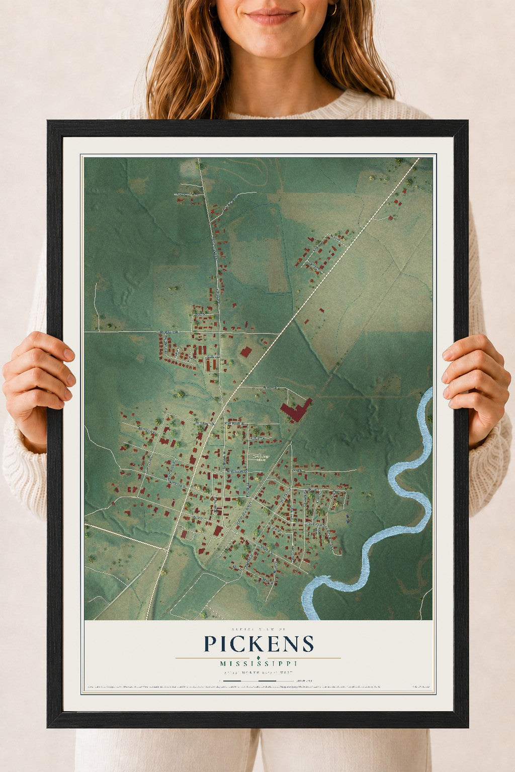 Map of Pickens, Mississippi, 18 x 24 inch print in a black wood frame