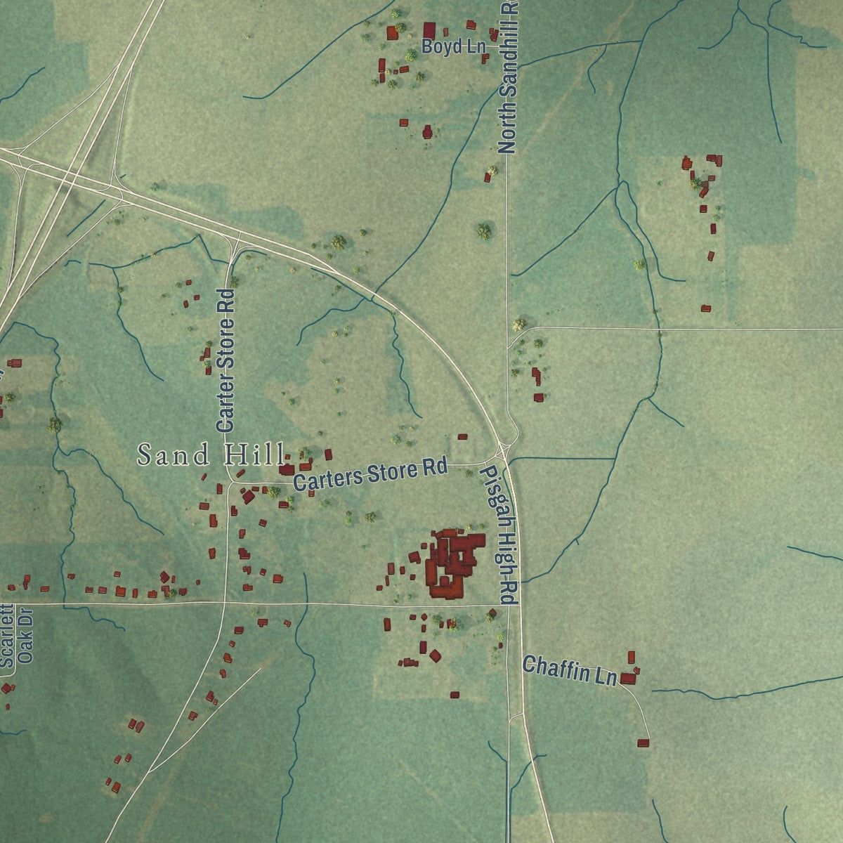 Close-up of the map of Pisgah, Mississippi print showing street and building detail