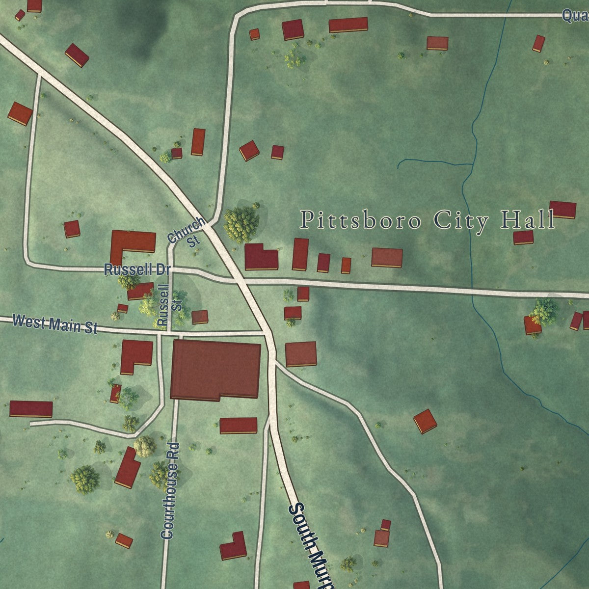 Close-up of the map of Pittsboro, Mississippi print showing street and building detail