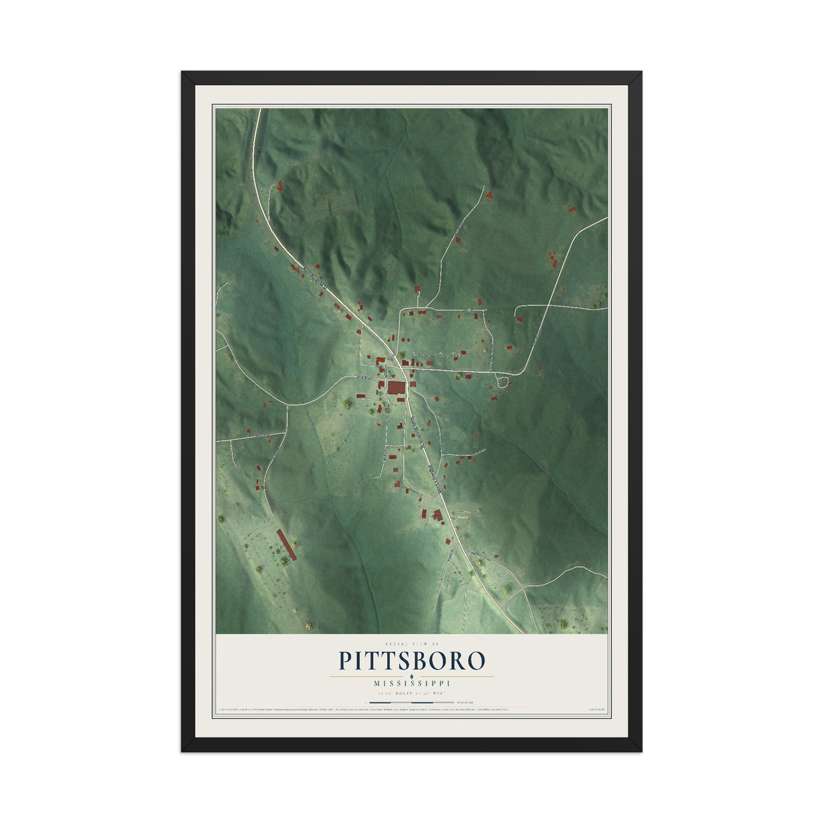 Map of Pittsboro, Mississippi, 12 x 18 inch print in a black wood frame