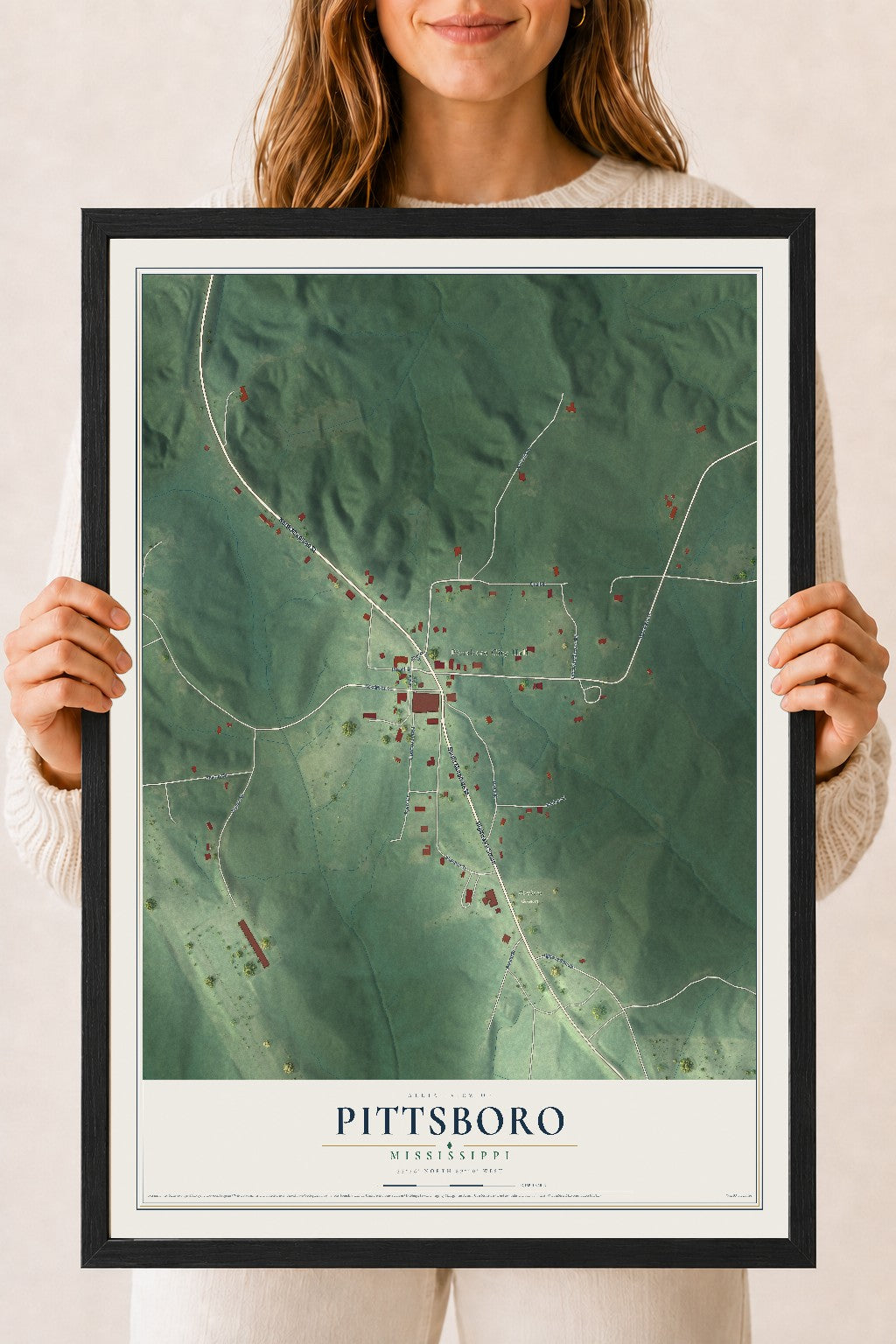 Map of Pittsboro, Mississippi, 18 x 24 inch print in a black wood frame