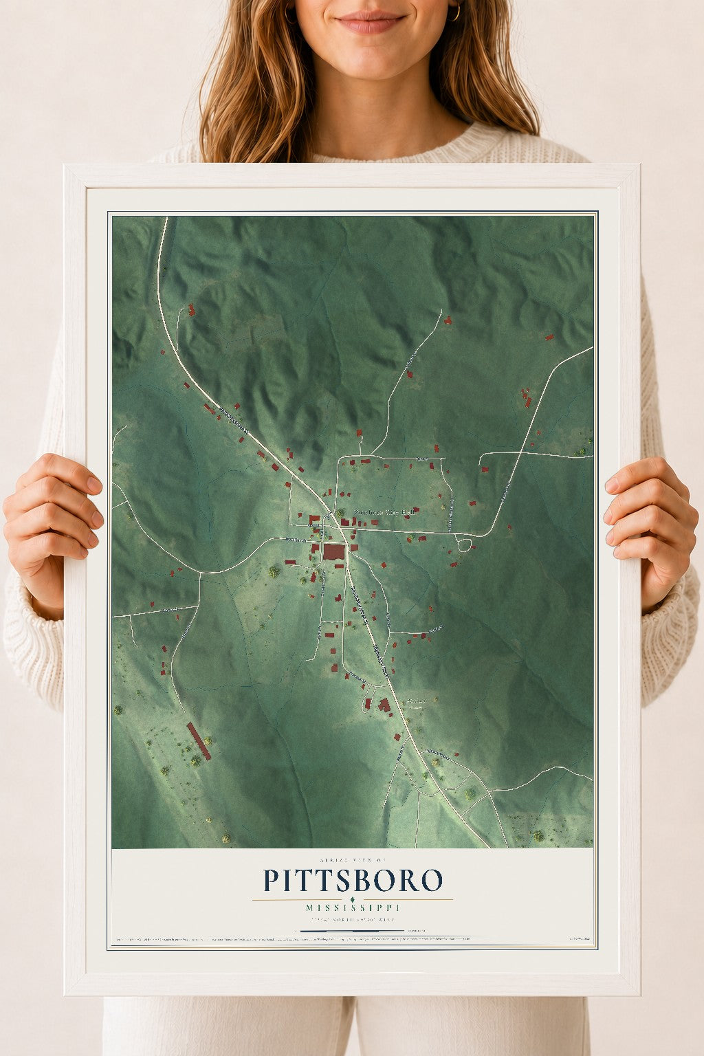 Map of Pittsboro, Mississippi, 18 x 24 inch print in a white wood frame