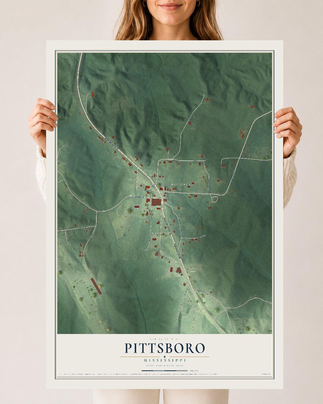 Map of Pittsboro, Mississippi, 24 x 36 inch unframed archival matte print