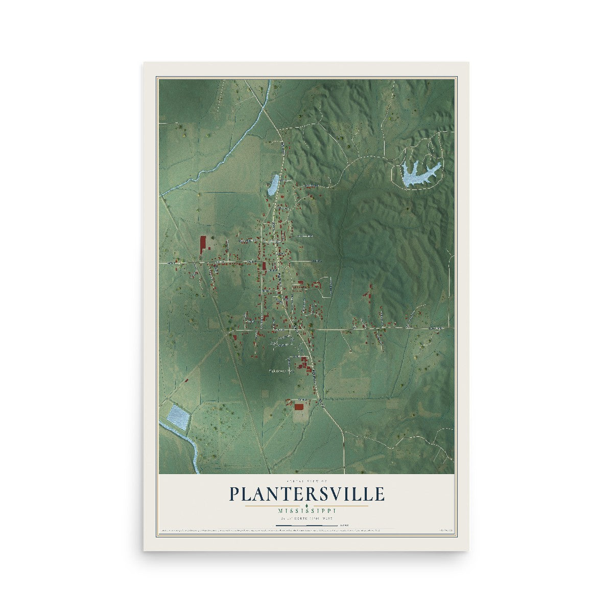 Map of Plantersville, Mississippi, 12 x 18 inch unframed archival matte print