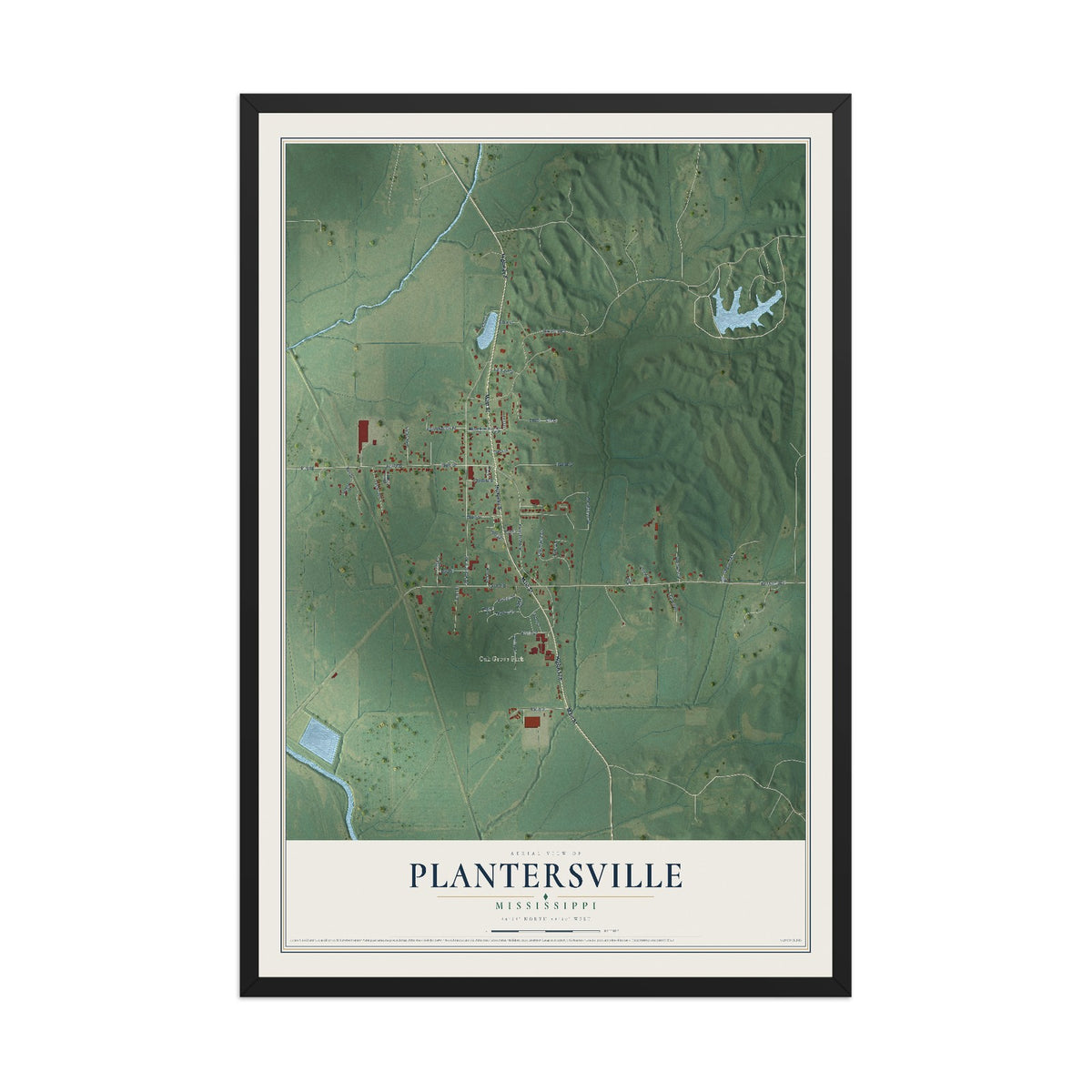 Map of Plantersville, Mississippi, 12 x 18 inch print in a black wood frame