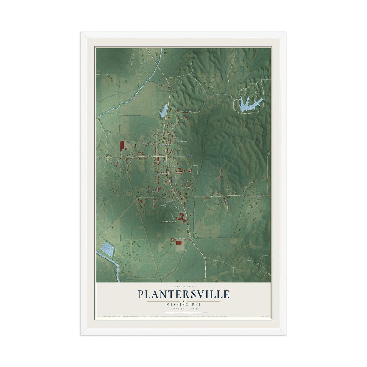 Map of Plantersville, Mississippi, 12 x 18 inch print in a white wood frame