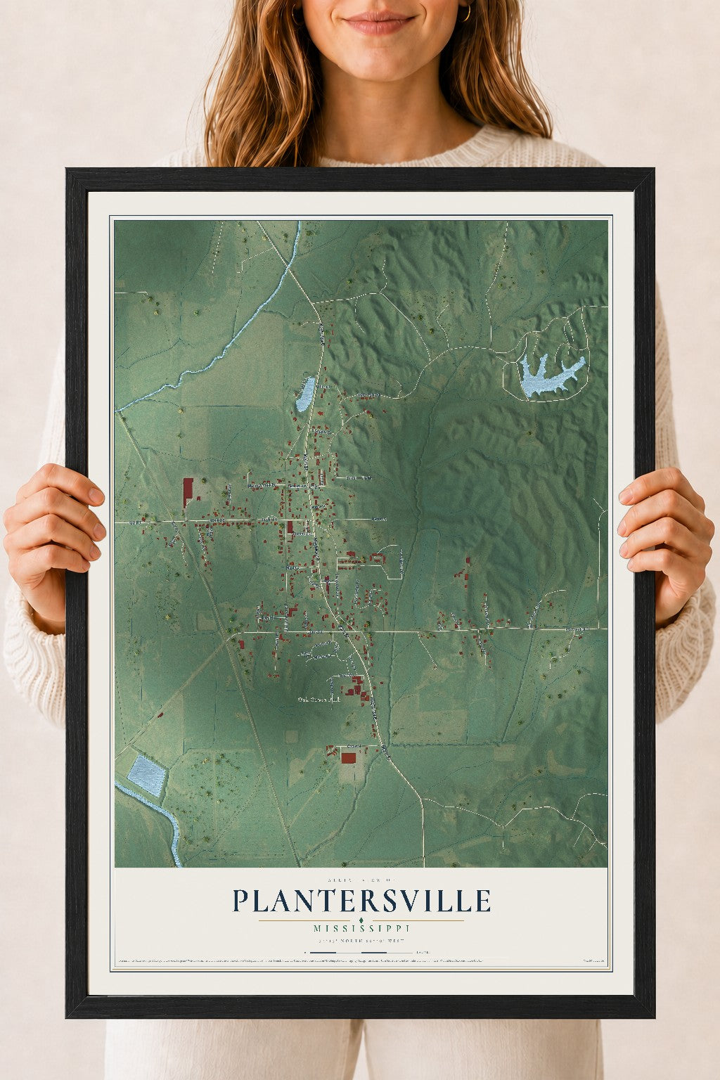 Map of Plantersville, Mississippi, 18 x 24 inch print in a black wood frame