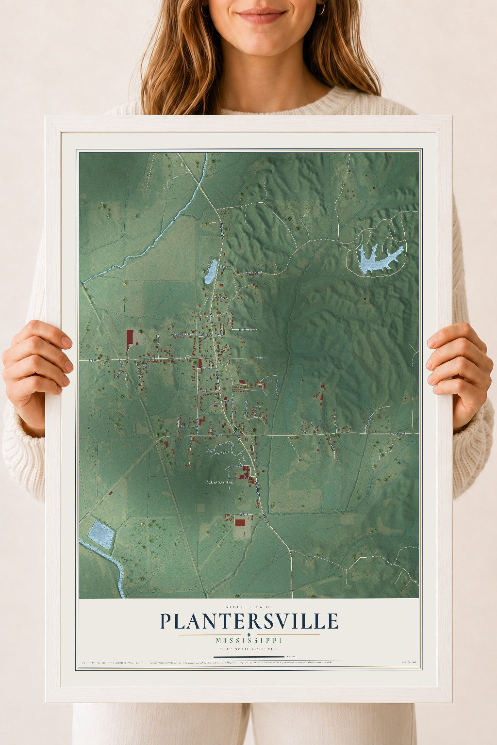 Map of Plantersville, Mississippi, 18 x 24 inch print in a white wood frame