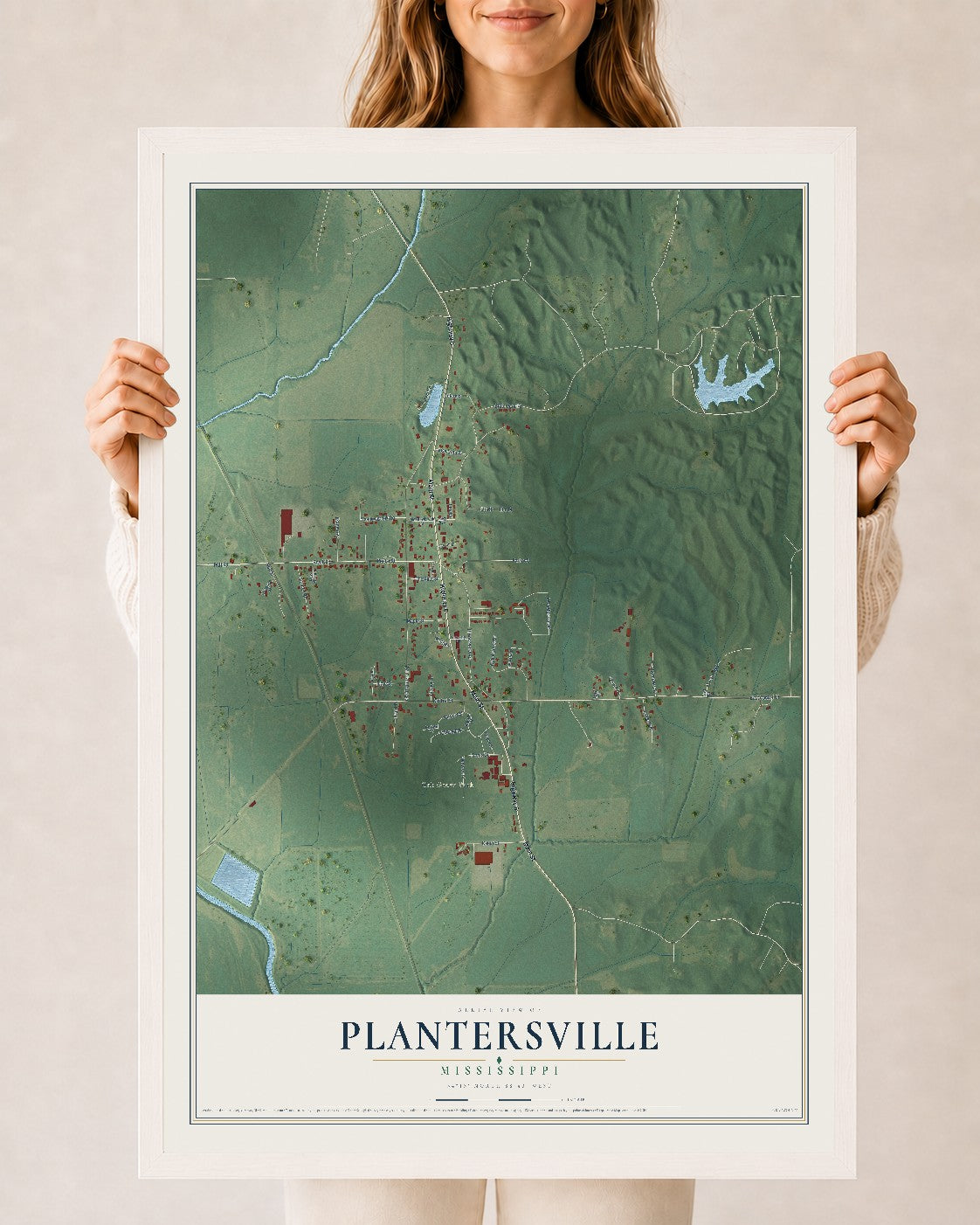 Map of Plantersville, Mississippi, 24 x 36 inch print in a white wood frame