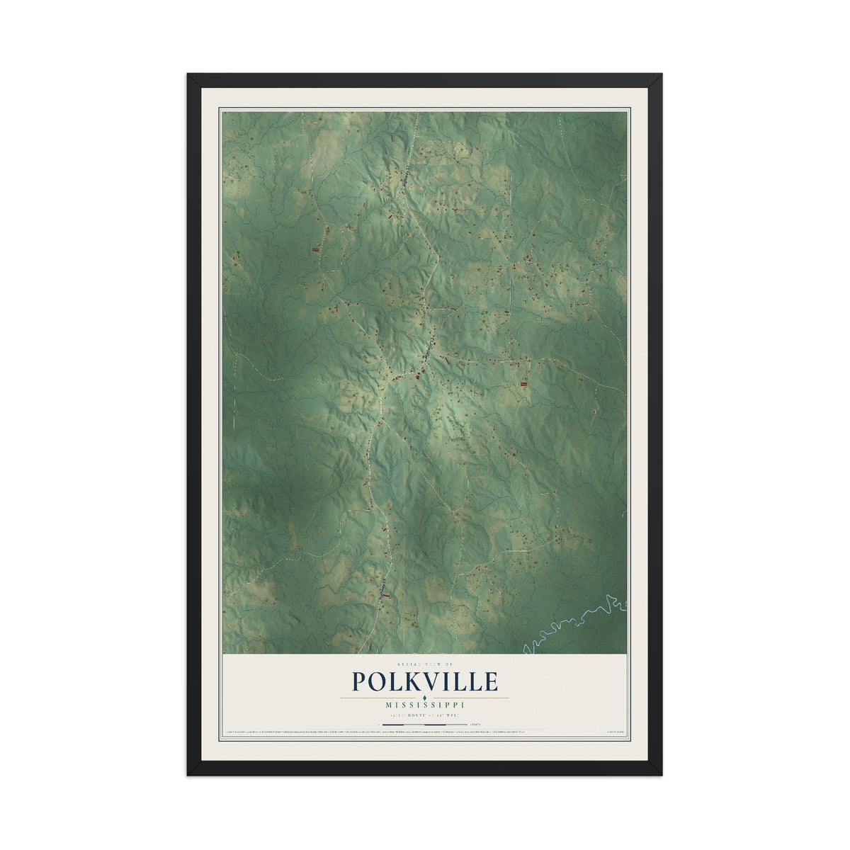 Map of Polkville, Mississippi, 12 x 18 inch print in a black wood frame