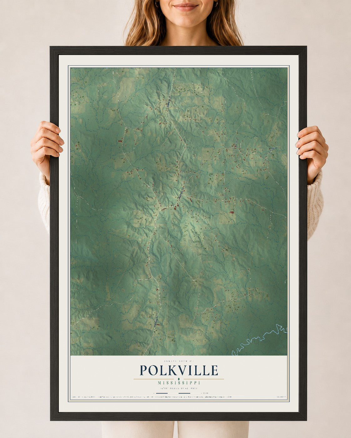 Map of Polkville, Mississippi, 24 x 36 inch print in a black wood frame