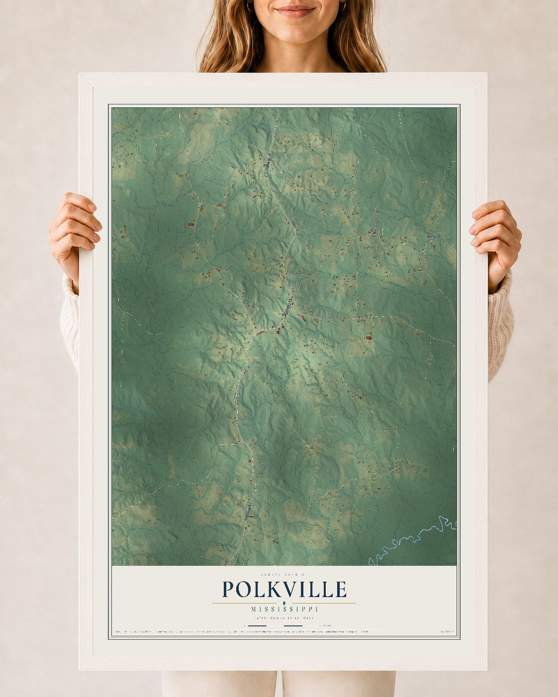 Map of Polkville, Mississippi, 24 x 36 inch print in a white wood frame