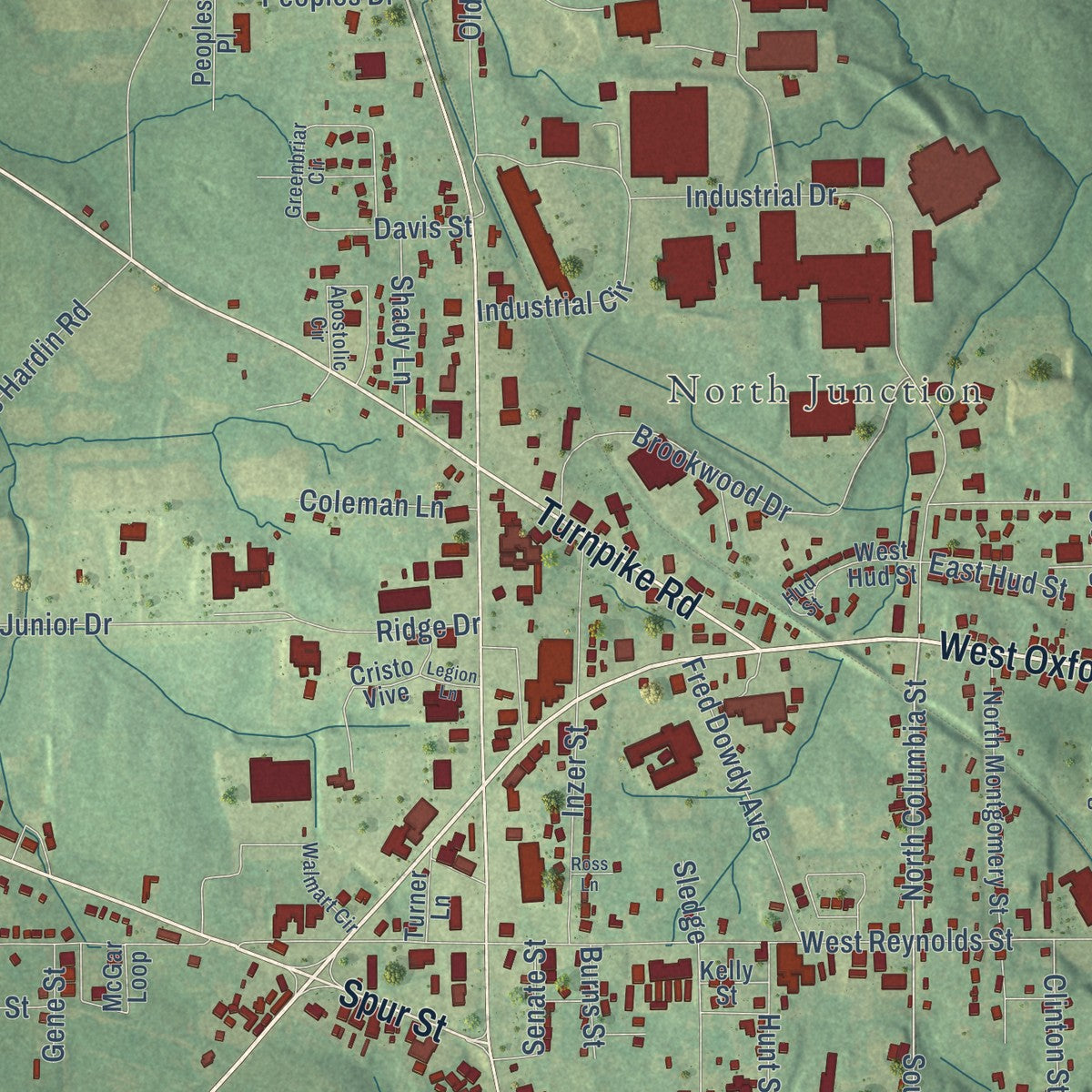 Close-up of the map of Pontotoc, Mississippi print showing street and building detail