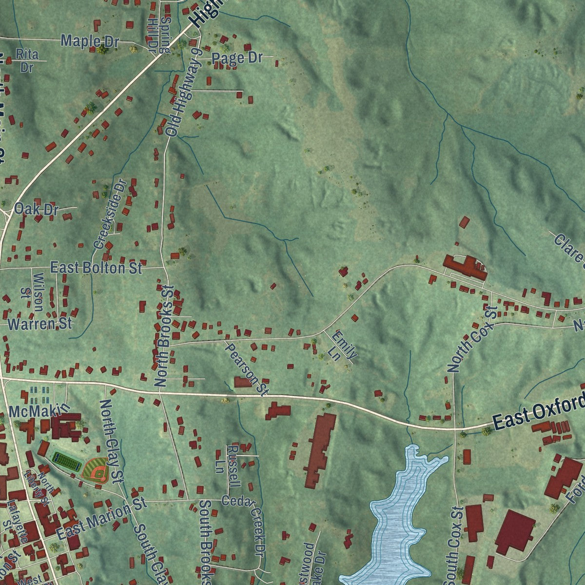 Second close-up of the map of Pontotoc, Mississippi print showing more streets and buildings