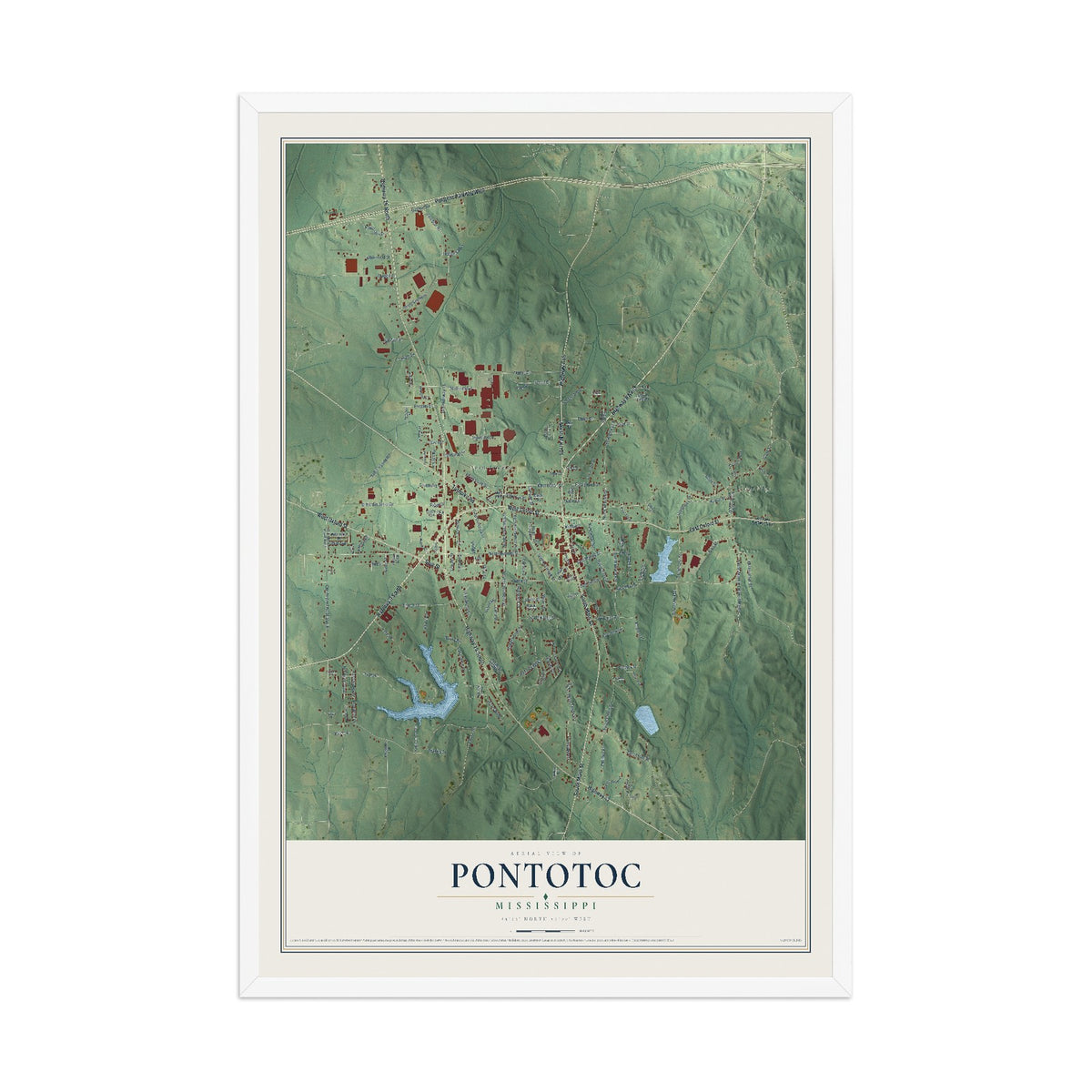 Map of Pontotoc, Mississippi, 12 x 18 inch print in a white wood frame