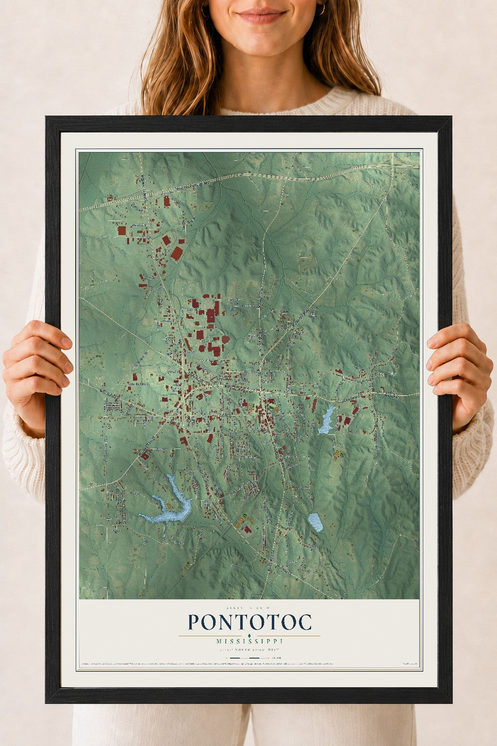 Map of Pontotoc, Mississippi, 18 x 24 inch print in a black wood frame