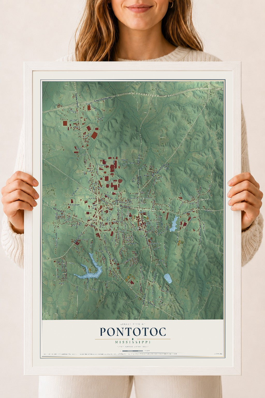 Map of Pontotoc, Mississippi, 18 x 24 inch print in a white wood frame