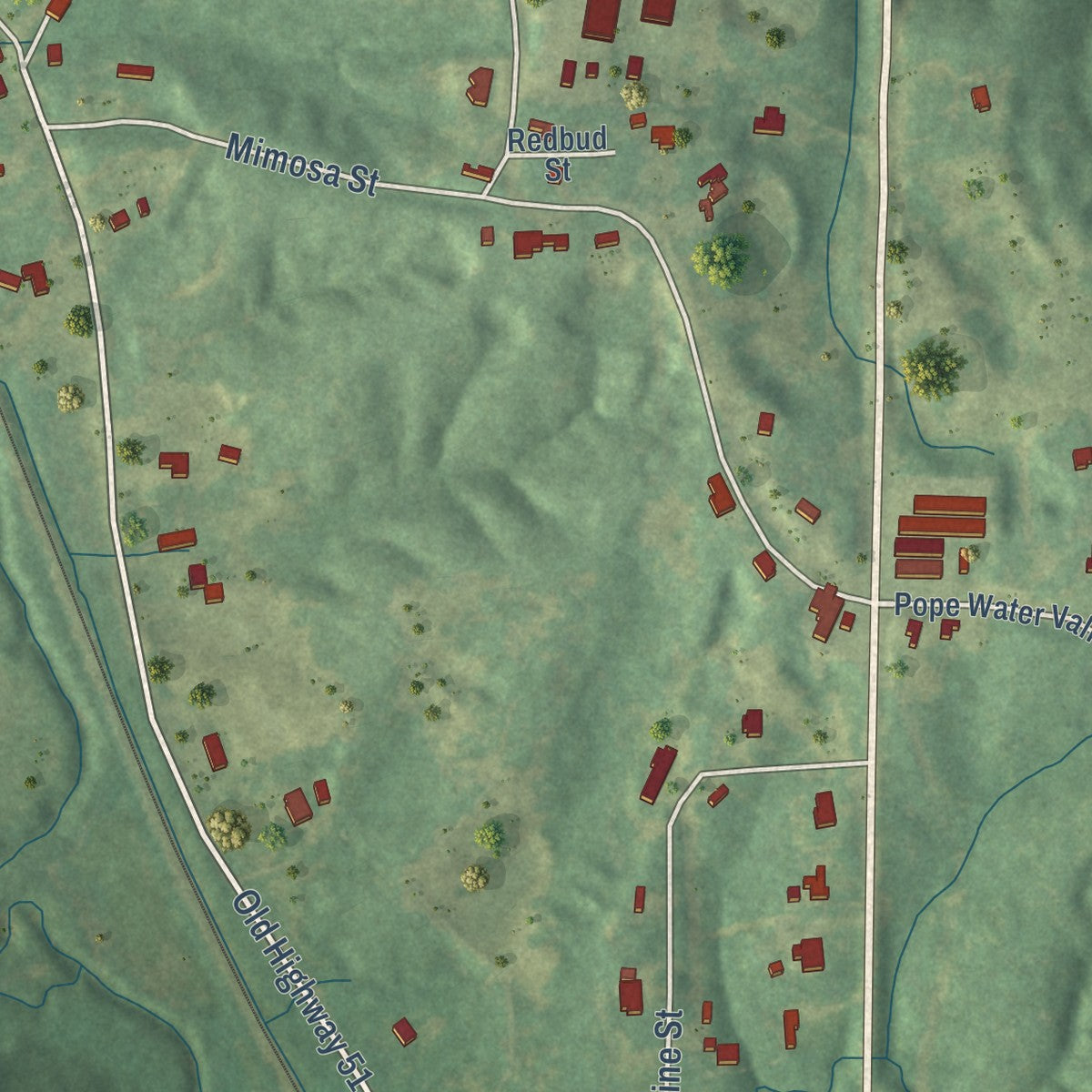 Close-up of the map of Pope, Mississippi print showing street and building detail