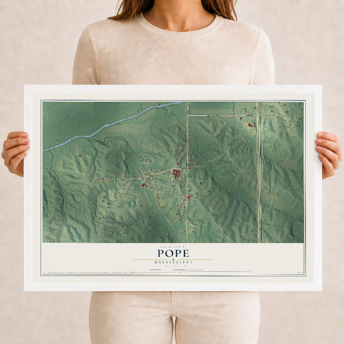 Map of Pope, Mississippi, 12 x 18 inch print in a white wood frame