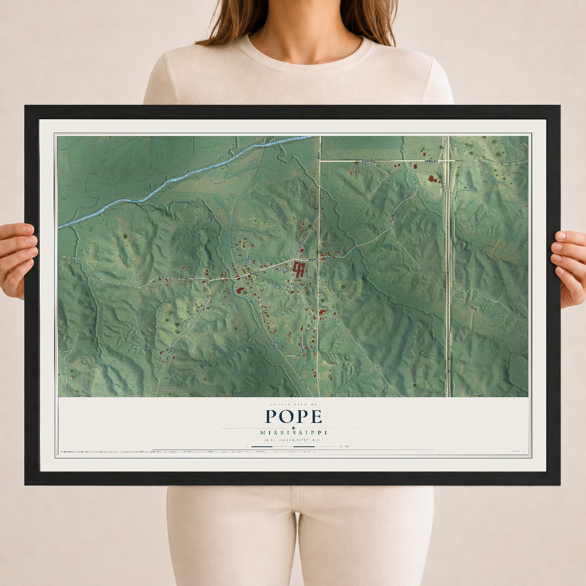 Map of Pope, Mississippi, 18 x 24 inch print in a black wood frame