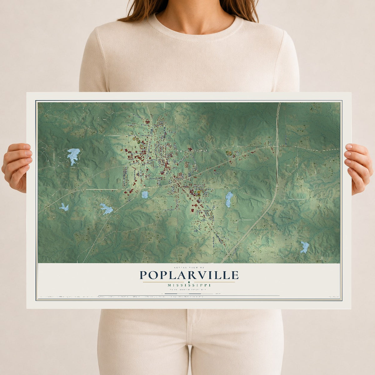 Map of Poplarville, Mississippi, 12 x 18 inch unframed archival matte print