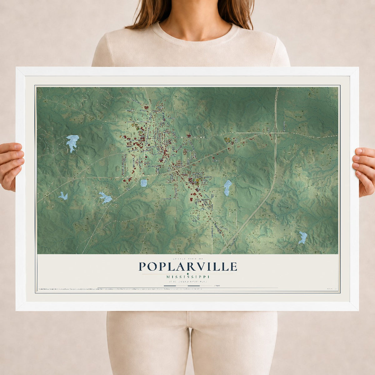 Map of Poplarville, Mississippi, 18 x 24 inch print in a white wood frame