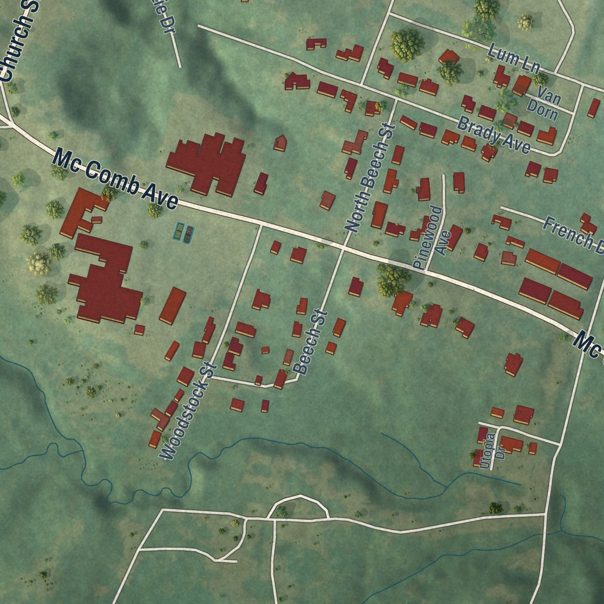 Second close-up of the map of Port Gibson, Mississippi print showing more streets and buildings