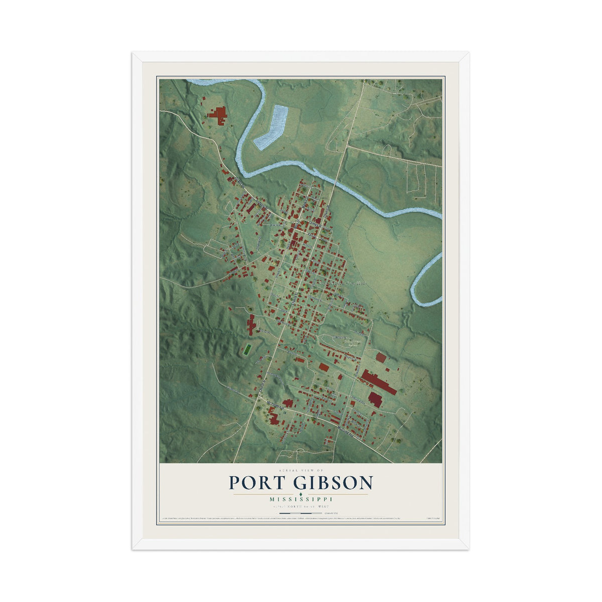 Map of Port Gibson, Mississippi, 12 x 18 inch print in a white wood frame