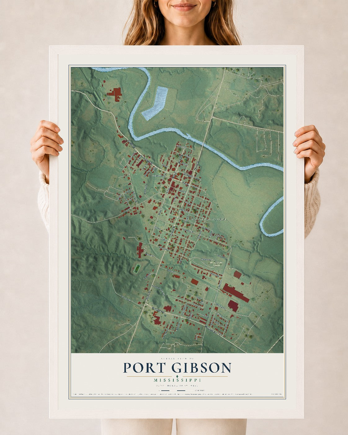 Map of Port Gibson, Mississippi, 24 x 36 inch print in a white wood frame