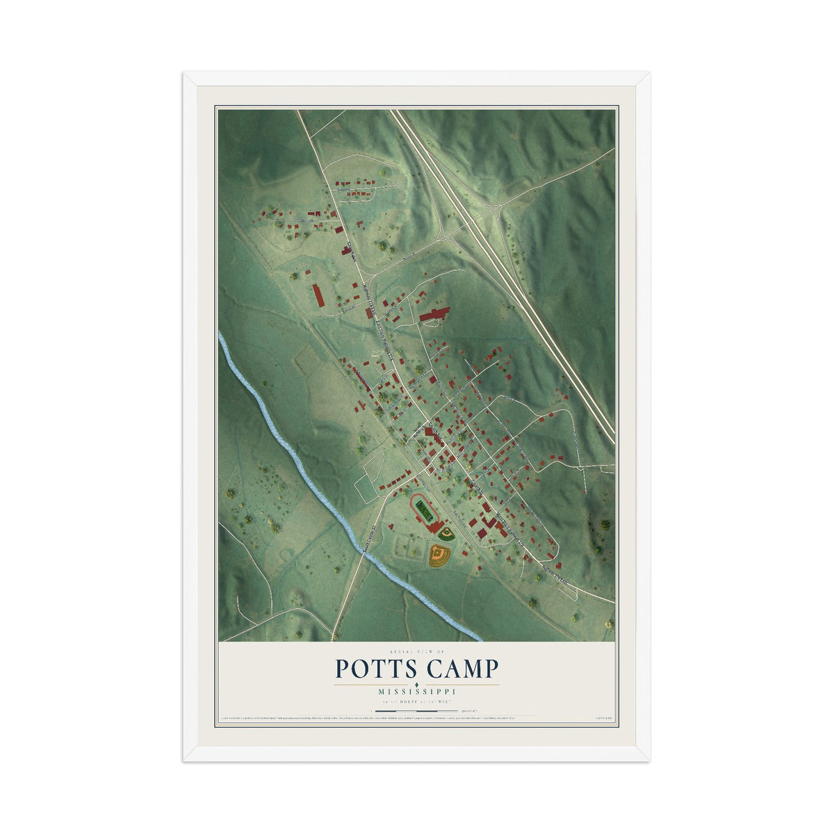 Map of Potts Camp, Mississippi, 12 x 18 inch print in a white wood frame