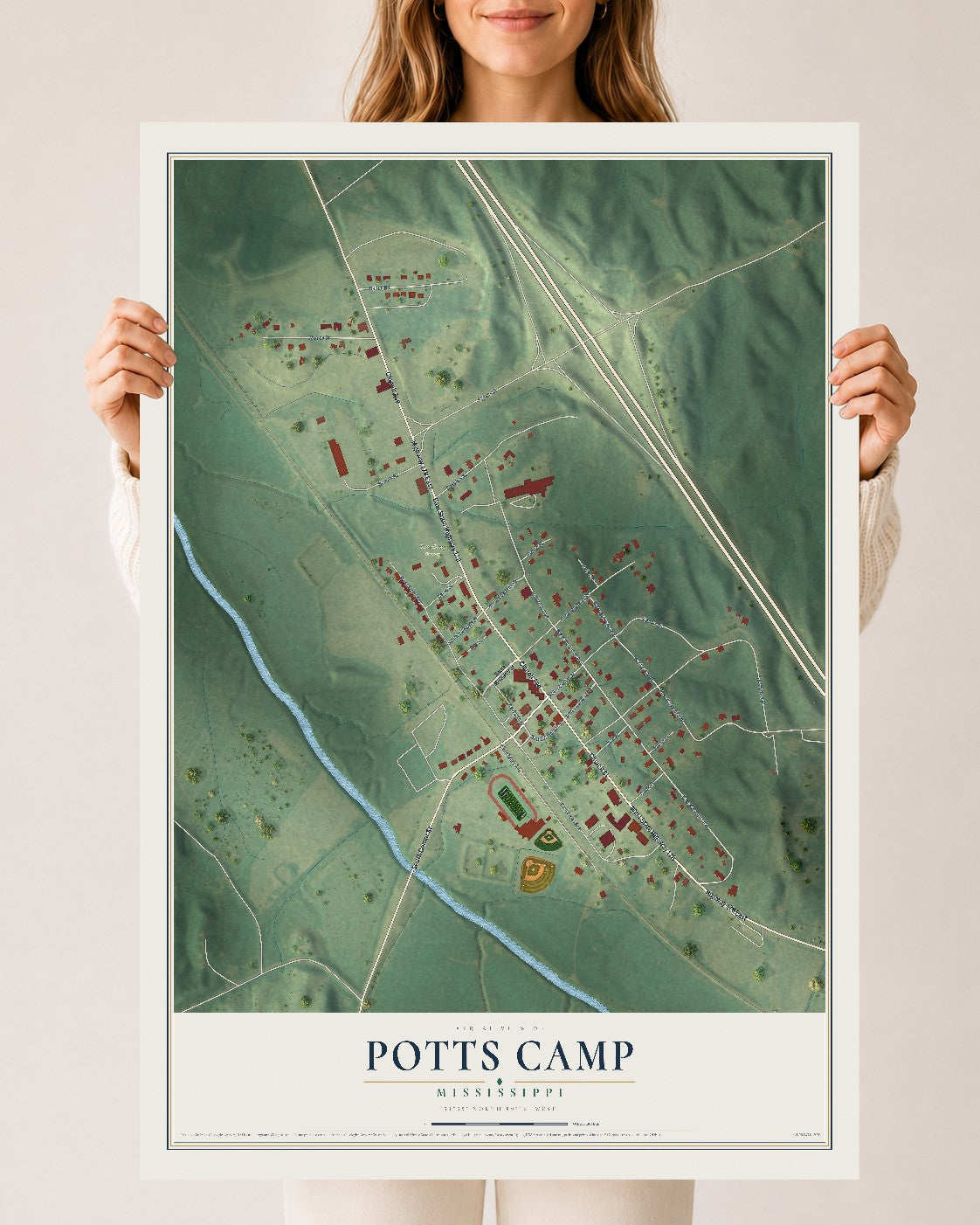 Map of Potts Camp, Mississippi, 24 x 36 inch unframed archival matte print