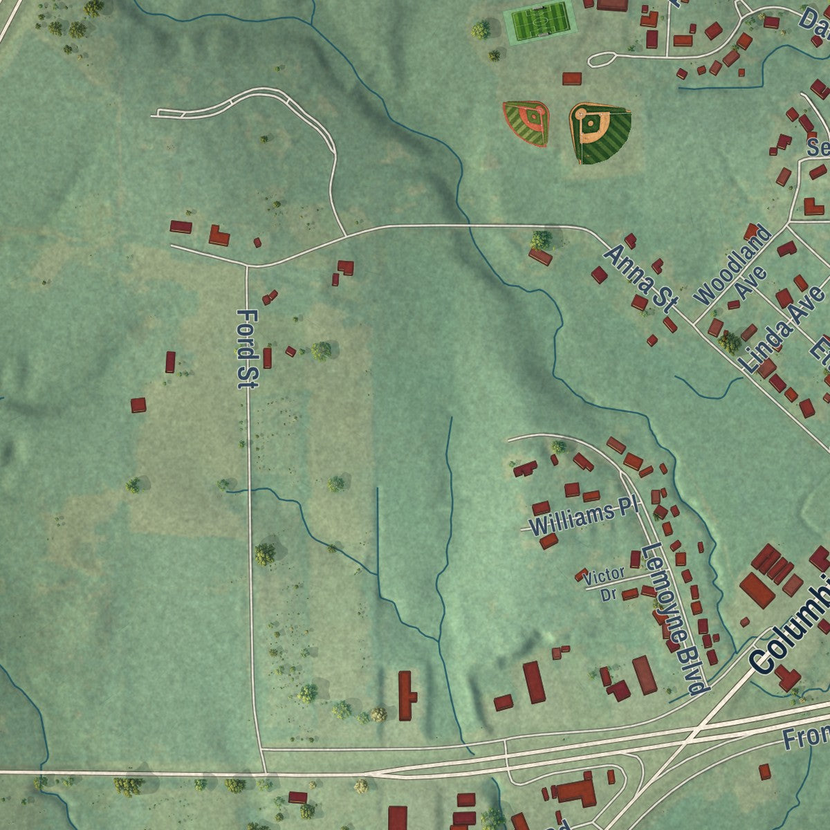 Second close-up of the map of Prentiss, Mississippi print showing more streets and buildings