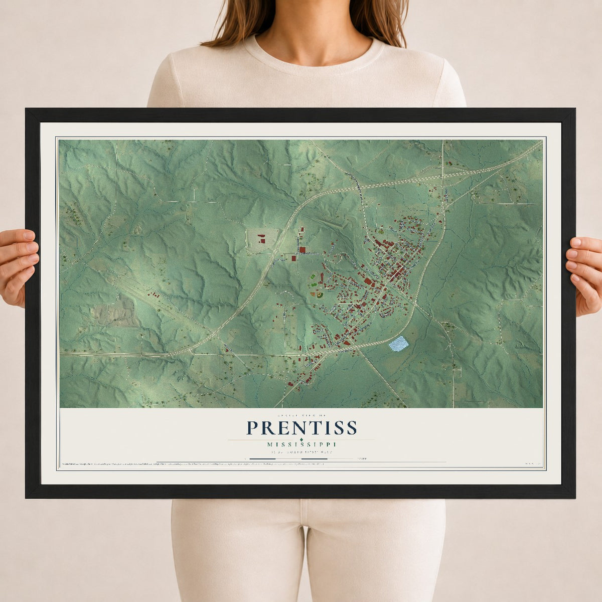 Map of Prentiss, Mississippi, 18 x 24 inch print in a black wood frame